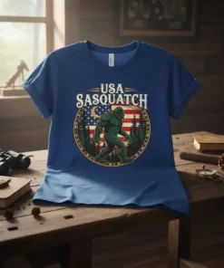 USA Sasquatch Bigfoot t-shirt design featuring a green Sasquatch graphic against the American flag and forest scene