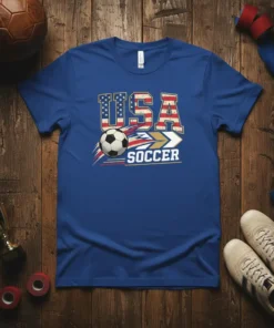 USA Soccer t-shirt design with American flag text and soccer ball graphic