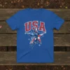 USA text with a stylized superhero figure superimposed on a star, printed on a blue t-shirt