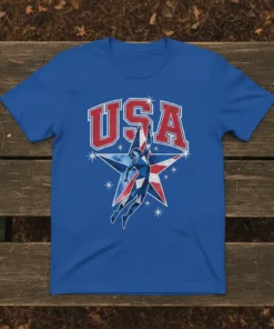 USA text with a stylized superhero figure superimposed on a star, printed on a blue t-shirt