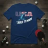 USA Table Tennis t-shirt design featuring a silhouette of a player hitting a ball, with USA text in American flag