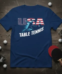 USA Table Tennis t-shirt design featuring a silhouette of a player hitting a ball, with USA text in American flag