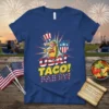 USA! Taco! Party! text graphic with a cartoon taco wearing a top hat and sunglasses, holding a shield