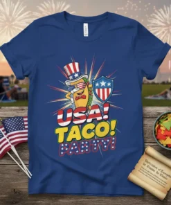 USA! Taco! Party! text graphic with a cartoon taco wearing a top hat and sunglasses, holding a shield
