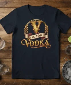 V IS FOR VODKA quote t-shirt design with a large ornate 'V' and laurel wreath, text in vintage gold font
