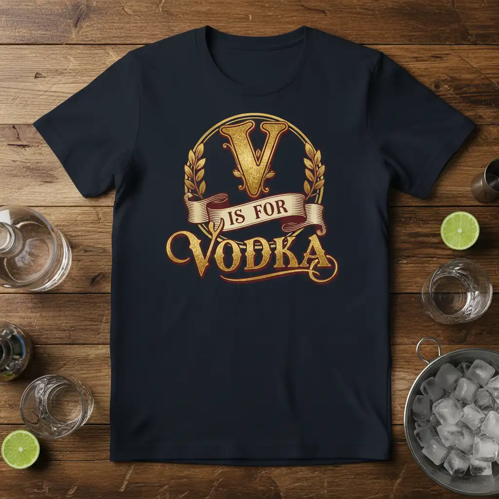 V IS FOR VODKA humorous quote design with ornate 'V' and laurel wreath, vintage gold typography on t-shirt