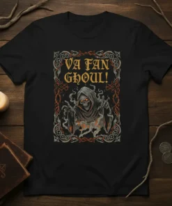 Black t-shirt with "Va Fan Ghoul!" text and a grim reaper graphic in a decorative frame