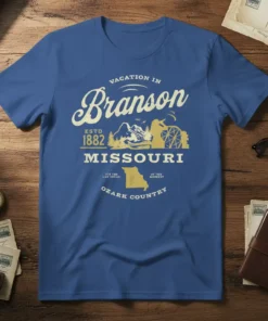 VACATION IN Branson ESTD text design featuring creative typography on quality t-shirt