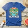 Vacay Mode text with a cartoon dinosaur relaxing in a hammock, holding a donut, wearing sunglasses