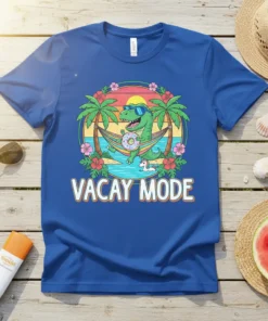 Vacay Mode text with a cartoon dinosaur relaxing in a hammock, holding a donut, wearing sunglasses