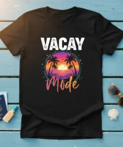 Vacay Mode text above a vibrant tropical sunset with palm trees, birds, and sparkling accents on a black t-shirt
