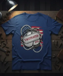 Vaccinated 2021 patriotic American flag dog tag t-shirt design with pearl and gear accents
