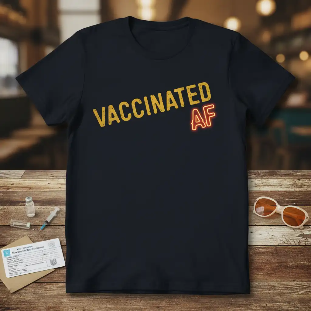 Vaccinated AF quote on a navy t-shirt with yellow and red neon text design