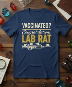 Vaccinated? Congratulations Lab Rat t-shirt with syringe and mice graphic. Text is yellow and white