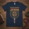 Vaccinated By The Blood Of Jesus Christian T-Shirt with cross, thorns, syringe, and blood drops graphic