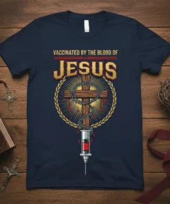 Vaccinated By The Blood Of Jesus Christian T-Shirt with cross, thorns, syringe, and blood drops graphic