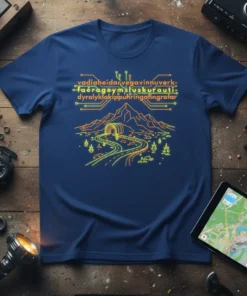 T-shirt featuring the Icelandic phrase "vadlaheidarvegavinnuverk-faérageymsluskurautidyrályklakippuhringafingrafar" above a mountain tunnel and road graphic