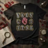 VAEN LITNE text arranged around a glowing anatomical heart graphic on a black t-shirt, vintage gold frame design