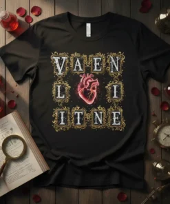 VAEN LITNE text arranged around a glowing anatomical heart graphic on a black t-shirt, vintage gold frame design