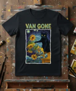Van Gone black cat t-shirt design in Van Gogh Starry Night style with sunflowers