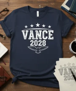 Vance 2028 campaign t-shirt with white text and a patriotic eagle graphic, featuring five stars above the text