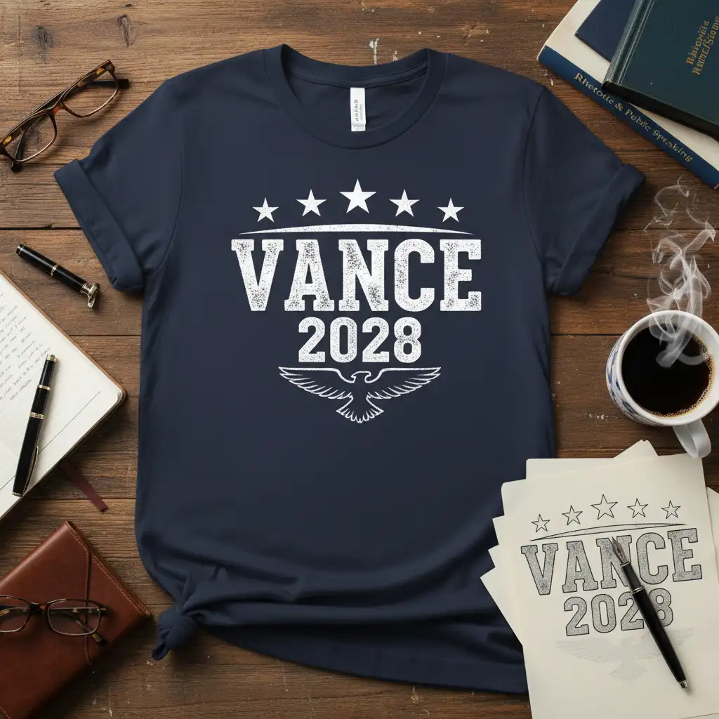 Vance 2028 campaign t-shirt featuring bold white text and a patriotic eagle design with stars