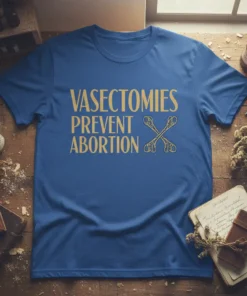 Vasectomies Prevent Abortion quote with crossed bone graphic on a royal blue t-shirt