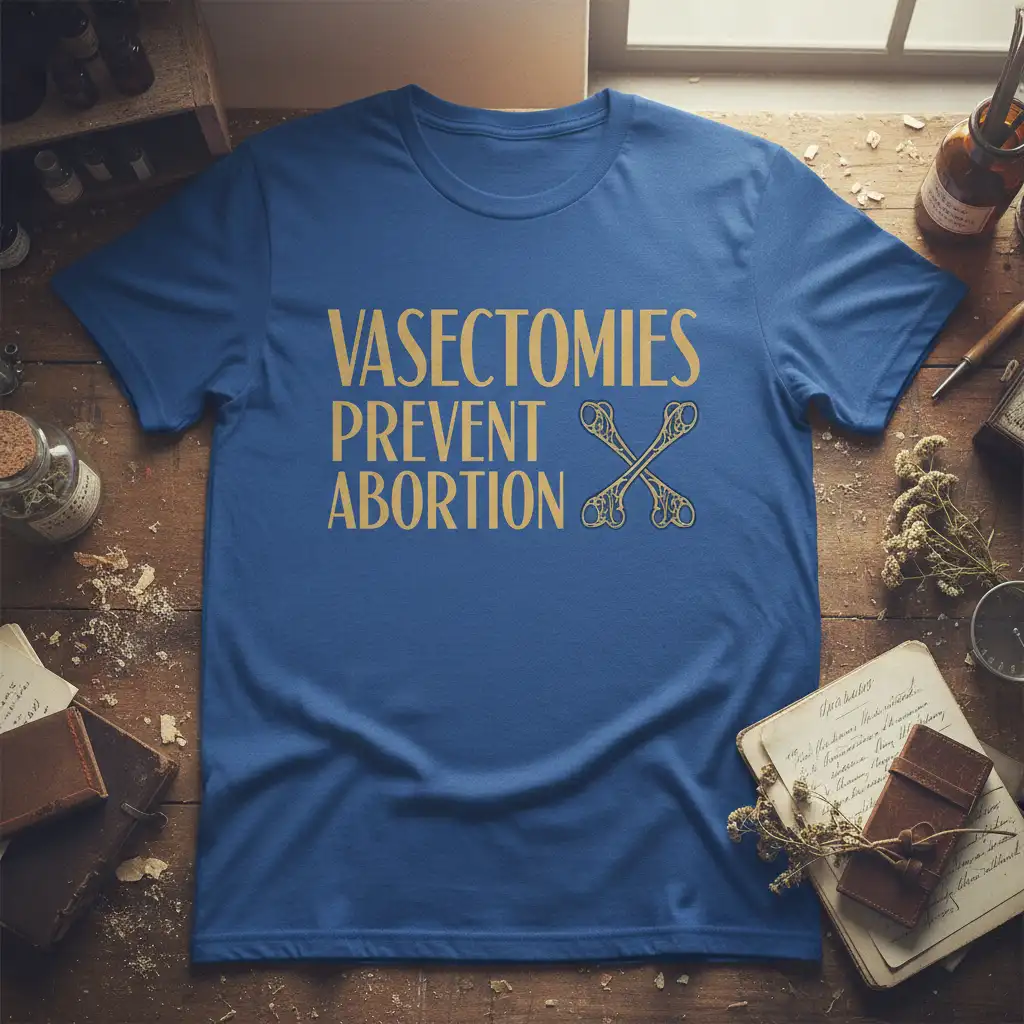 Vasectomies Prevent Abortion bold slogan with crossed bone graphic on blue tee