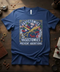T-shirt with bold text "VASECTOMIES VASECTOMIES PREVENT ABORTIONS" and graphic of scissors cutting cherries