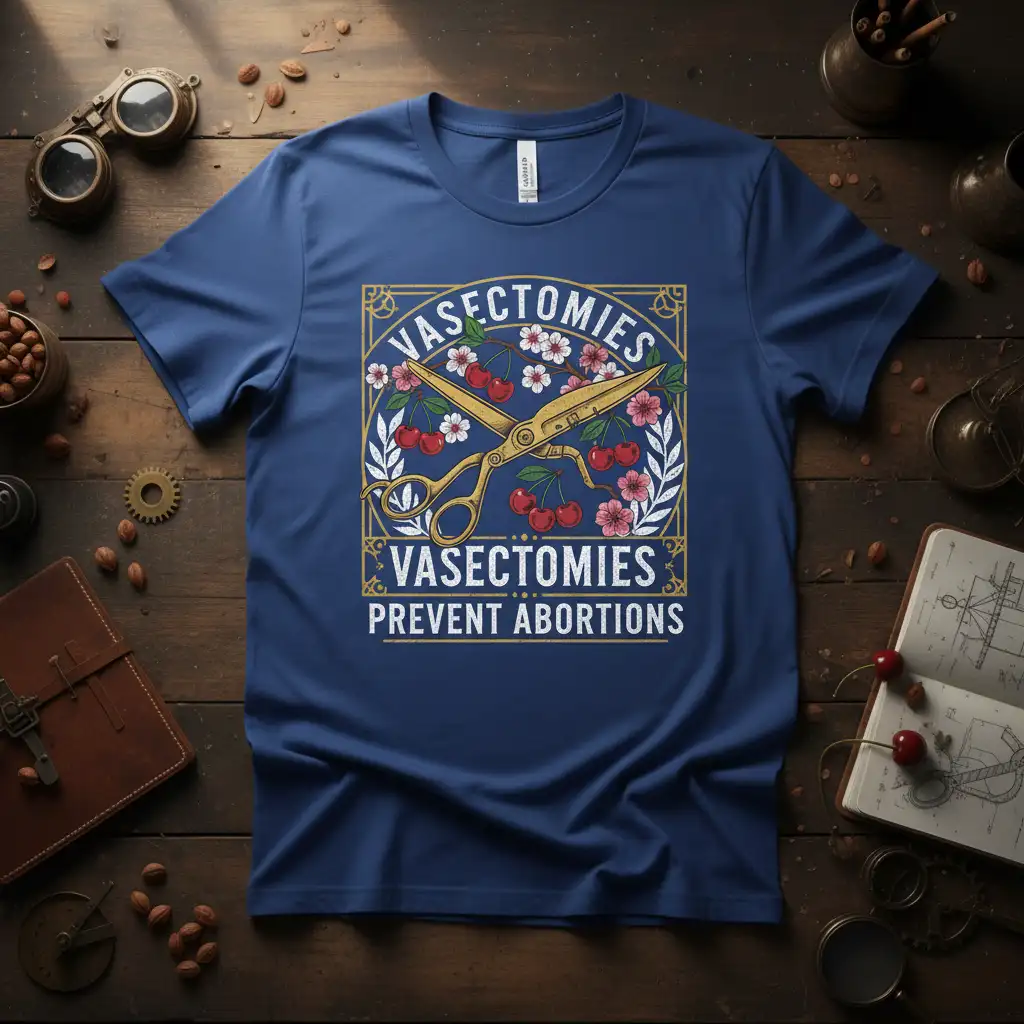 Bold typography t-shirt design: VASECTOMIES VASECTOMIES PREVENT ABORTIONS quote with scissors and cherries graphic