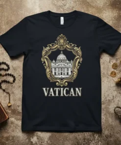 Black t-shirt with gold ornate crest framing St. Peter's Basilica and the word VATICAN below, representing Vatican City travel