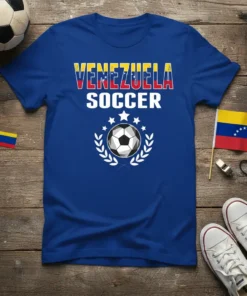 Blue t-shirt with "VENEZUELA SOCCER" text and a soccer ball graphic, designed for fans