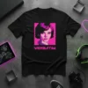 Black t-shirt with a retro pop art portrait of a woman and the word VERBATIM in pink neon text