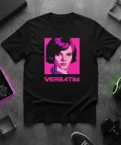 Black t-shirt with a retro pop art portrait of a woman and the word VERBATIM in pink neon text