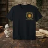 Vergina Sun Macedonian Symbol text and sun graphic on a navy blue t-shirt, historical apparel