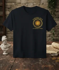 Vergina Sun Macedonian Symbol text and sun graphic on a navy blue t-shirt, historical apparel