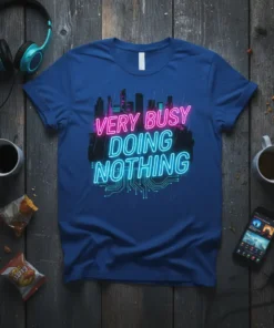VERY BUSY DOING NOTHING neon quote on a blue t-shirt with cityscape and circuit board design