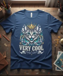 Graphic t-shirt featuring a stylized, crowned cat with blue and gold accents and the text "VERY COOL" below