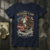 Veteran son t-shirt with "I Was Raised By Mine" text, eagle, and American flag graphic