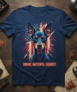 VIBRANT, MASTERFUL, EXQUISITE text on a navy t-shirt with a geometric dog portrait and American flag graphic