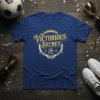 Victorious SECRET text with soccer ball graphic on navy blue t-shirt, winner's circle design