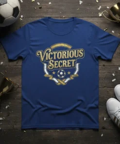 Victorious SECRET text with soccer ball graphic on navy blue t-shirt, winner's circle design