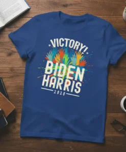 Victory! Biden Harris 2020 T-Shirt design with colorful raised hands and bold white text
