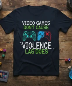 Video Games Don't Cause Violence Lag Does text with pixelated controllers graphic on a navy t-shirt
