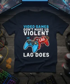 Video games don't make us violent lag does text with blue and red game controllers graphic on navy t-shirt