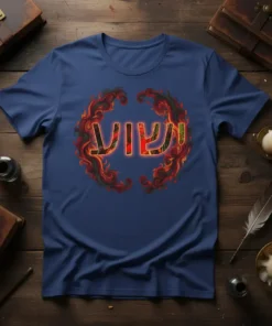 VIIVI Hebrew name t-shirt with decorative fiery border, blue shirt, bold stylized text