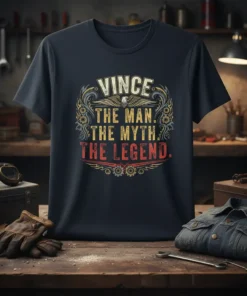 VINCE THE MAN. THE MYTH. THE LEGEND. text with eagle graphic on a dark t-shirt