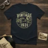 Vintage 1931 T-Shirt design with a classic 1931 car and gramophone graphic, circular border, distressed font
