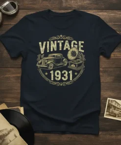 Vintage 1931 T-Shirt design with a classic 1931 car and gramophone graphic, circular border, distressed font