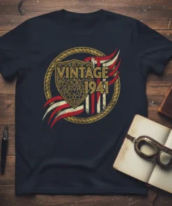 Vintage 1941 T-Shirt with shield and distressed American flag elements, gold and red design